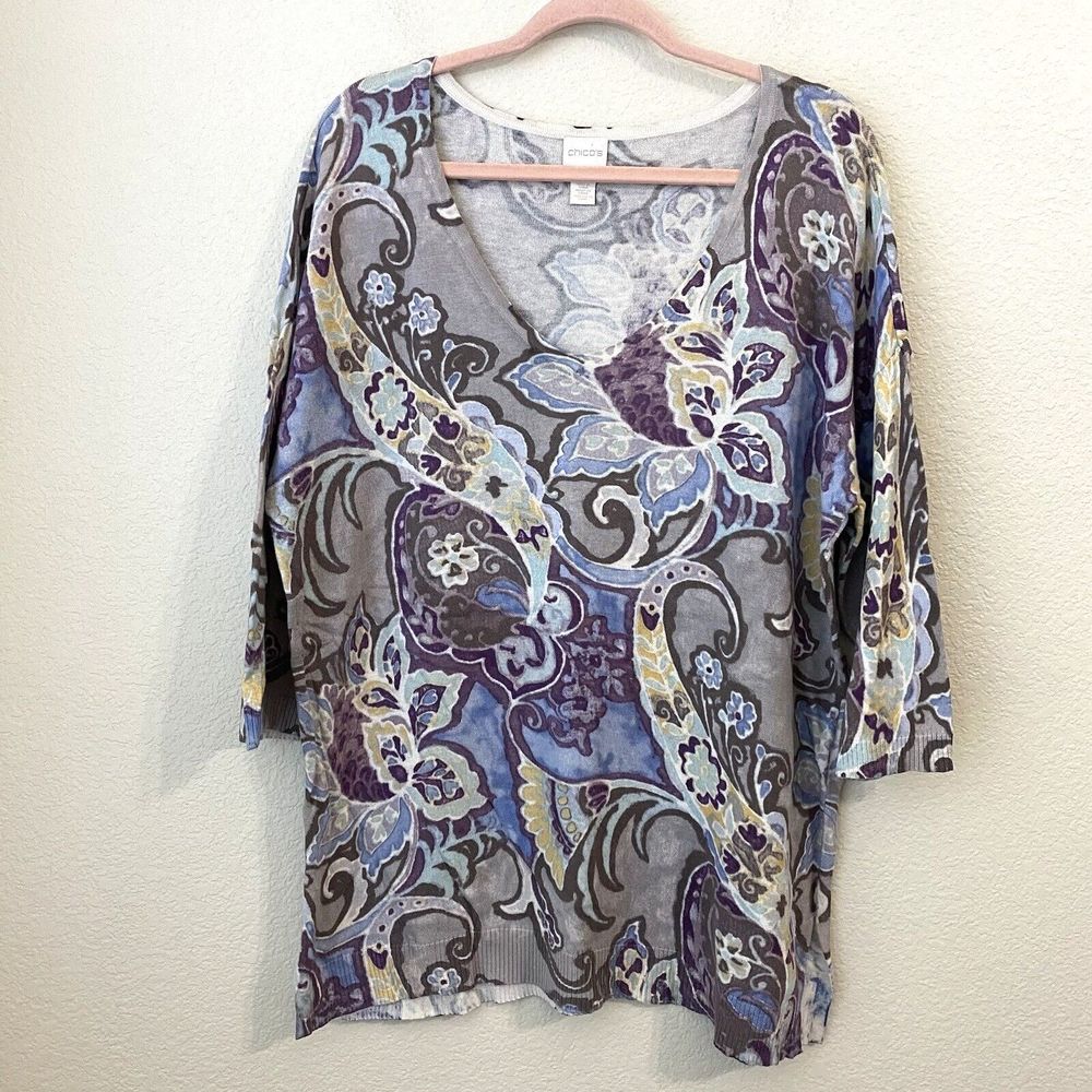 Chicos Sweatshirt Womens Size Large 2 Vneck Ebony Pullover Floral Paisley